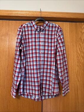 George Red and Light Blue Plaid Button-Down Shirt